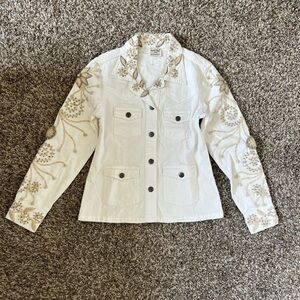 Alma Soul Peru Handcrafted Embroidered White Denim Jacket
